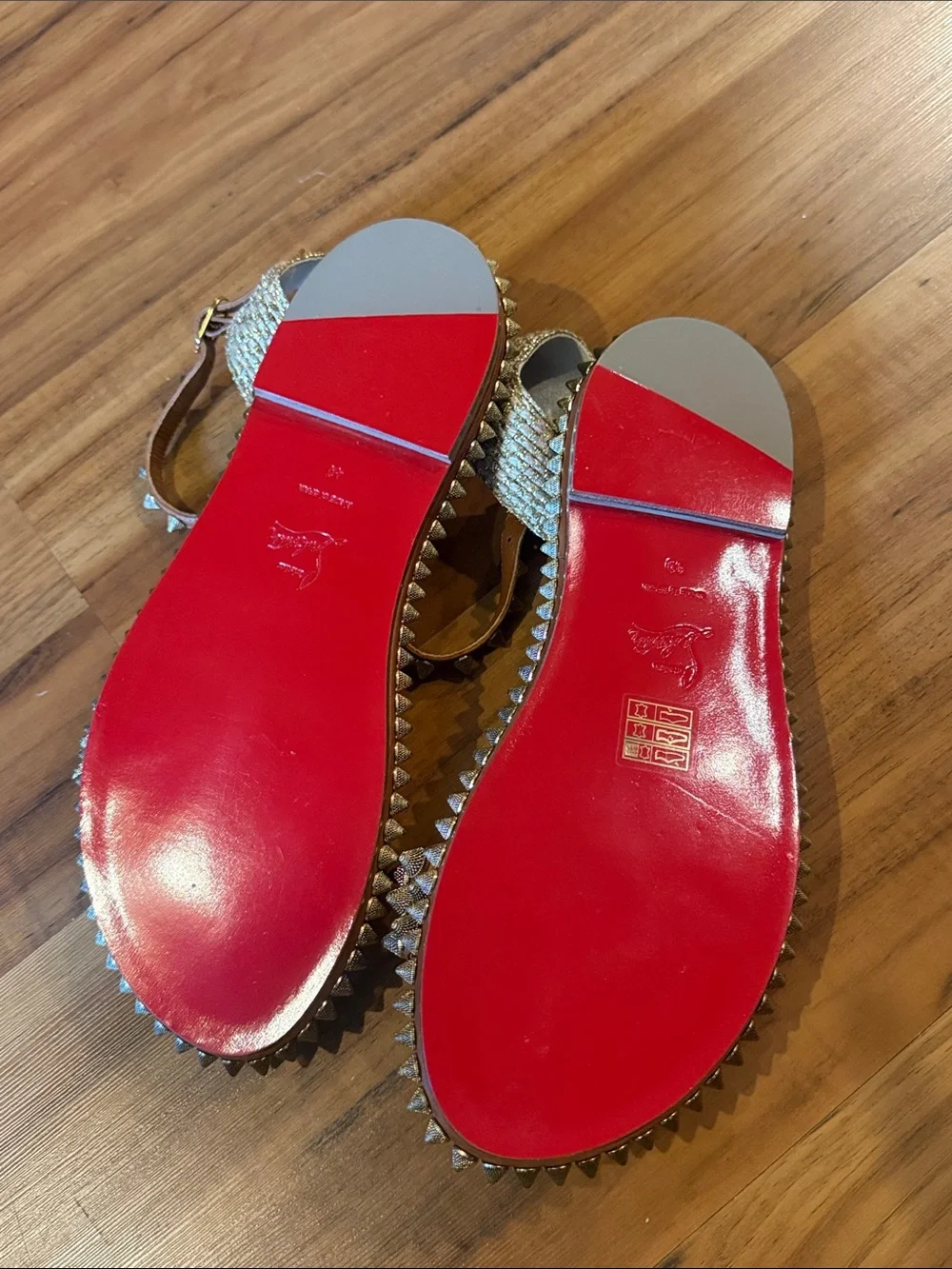 Christian Louboutin Brown Leather Studded Flat Sandals with Gold Spikes size 40